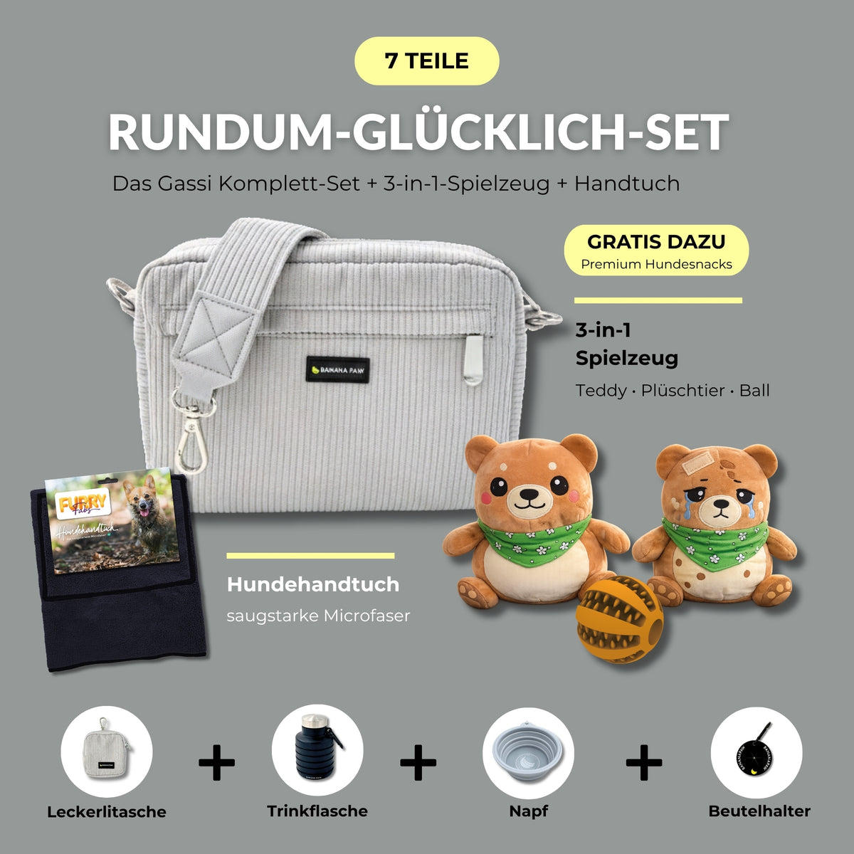 Rundum-Glücklich-Set von BananaPaw in Silver Dawn mit Gassitasche aus Cord, Hundehandtuch, 3-in-1-Spielzeug und Zubehör, dazu gratis Premium-Snacks