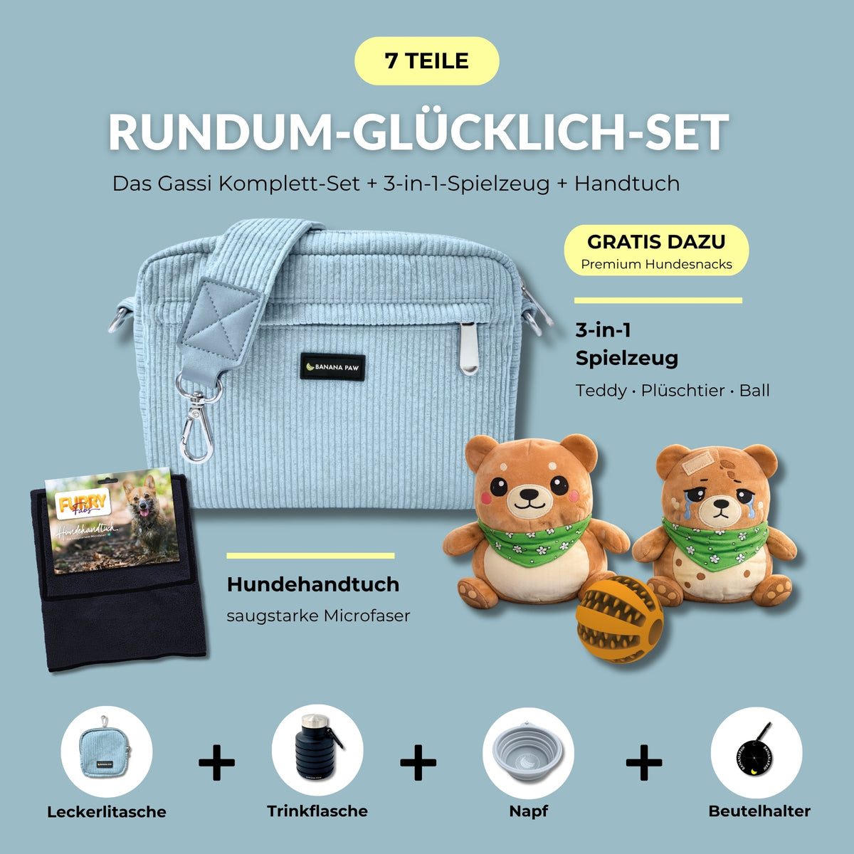 Rundum-Glücklich-Set von BananaPaw in Soft Sky mit Gassitasche aus Cord, Hundehandtuch, 3-in-1-Spielzeug und Zubehör, dazu gratis Premium-Snacks