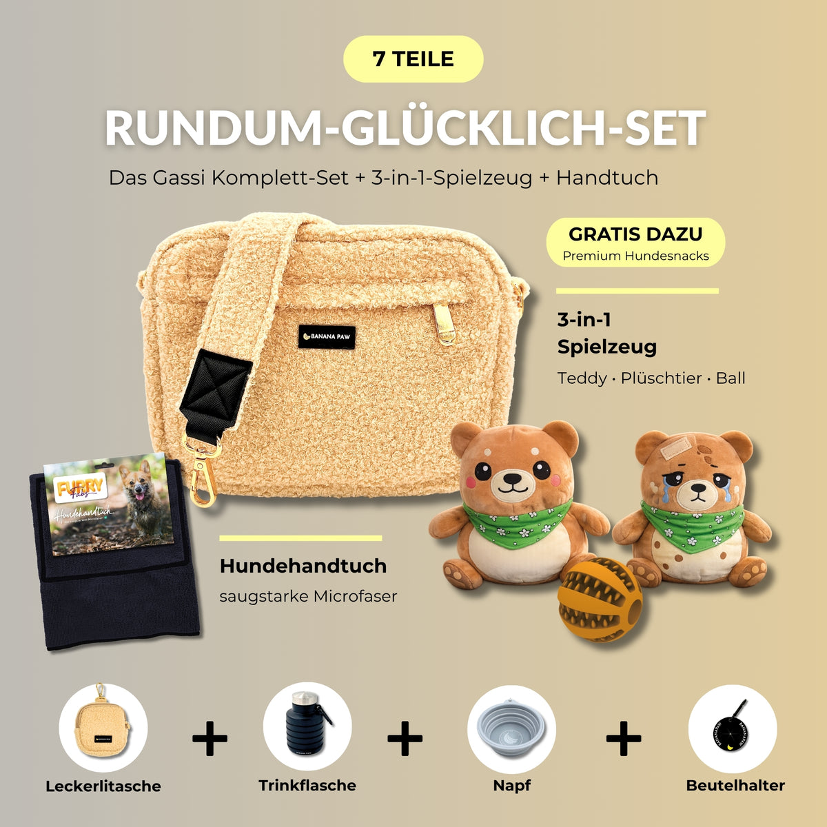 Rundum-Glücklich-Set von BananaPaw in Vanilla Dream mit Gassitasche aus Teddyfleece, Hundehandtuch, 3-in-1-Spielzeug und Zubehör, dazu gratis Premium-Snacks