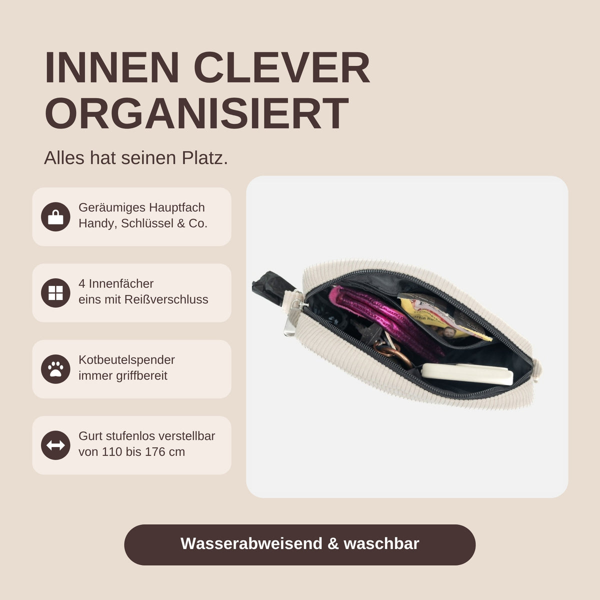 Gassitasche St. Tropez Creme Deluxe: Innenleben mit Hauptfach, Innenfächern und Kotbeutelspender
