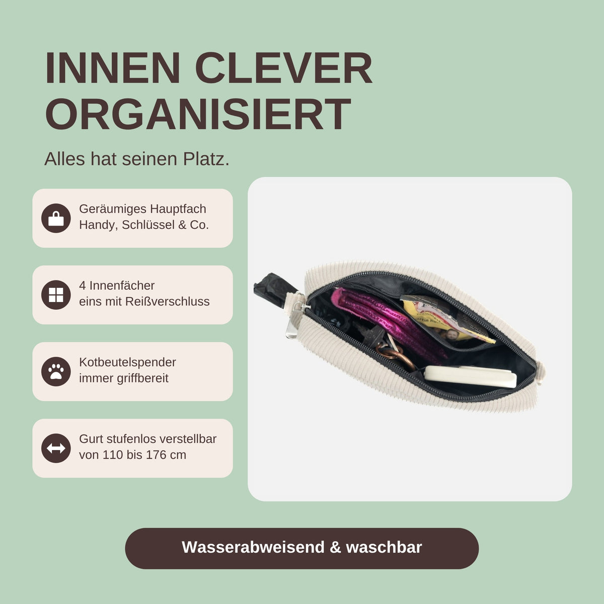 Gassitasche St. Tropez Mint Bliss: Innenleben mit Hauptfach, Innenfächern und Kotbeutelspender