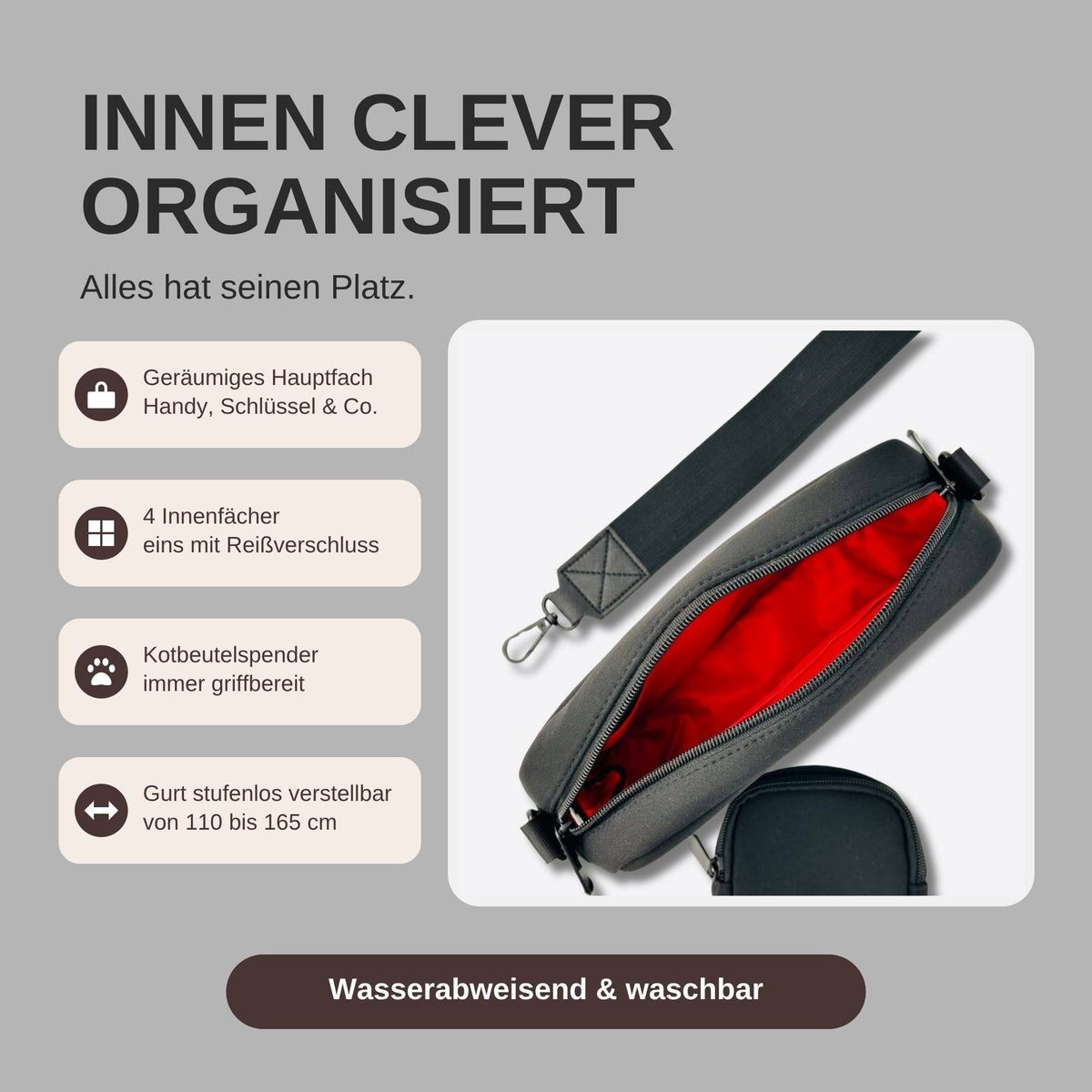 Gassitasche St. Tropez Neopren Deep Eclipse: Innenleben mit rotem Innenfutter und Fächern