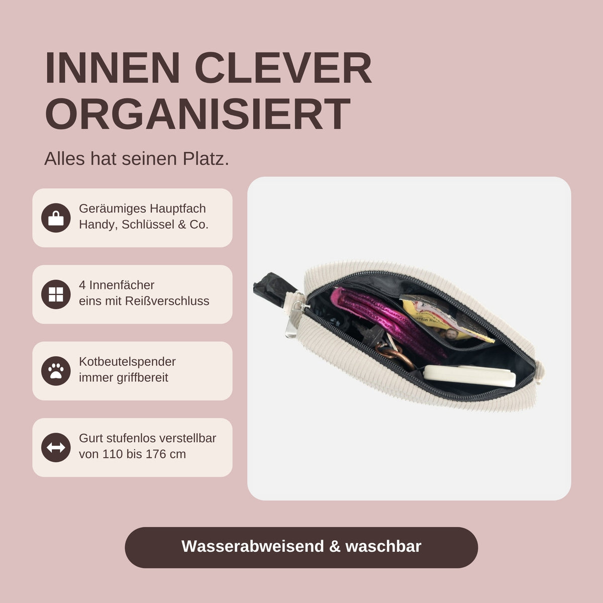 Gassitasche St. Tropez Rosewood Blush: Innenleben mit Hauptfach, Innenfächern und Kotbeutelspender