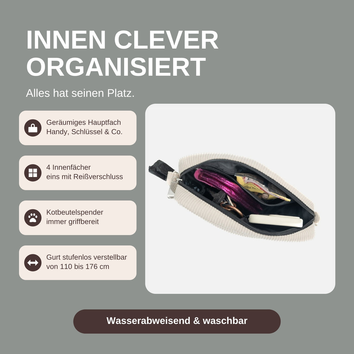Gassitasche St. Tropez Silver Dawn: Innenleben mit Hauptfach, Innenfächern und Kotbeutelspender