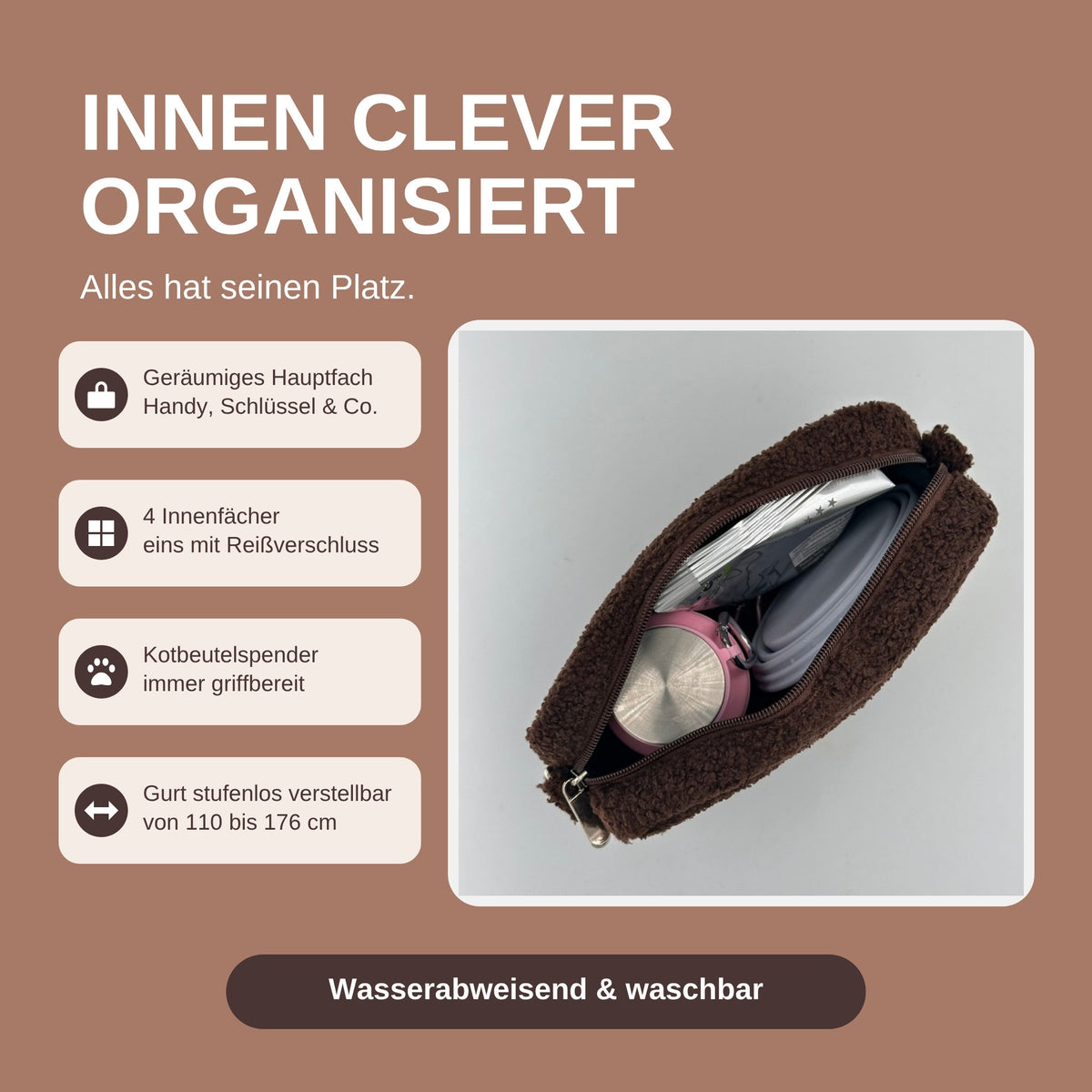 Gassitasche St. Tropez Teddy Chocolate Dream: Innenleben mit Platz für Napf, Flasche und Leckerlis