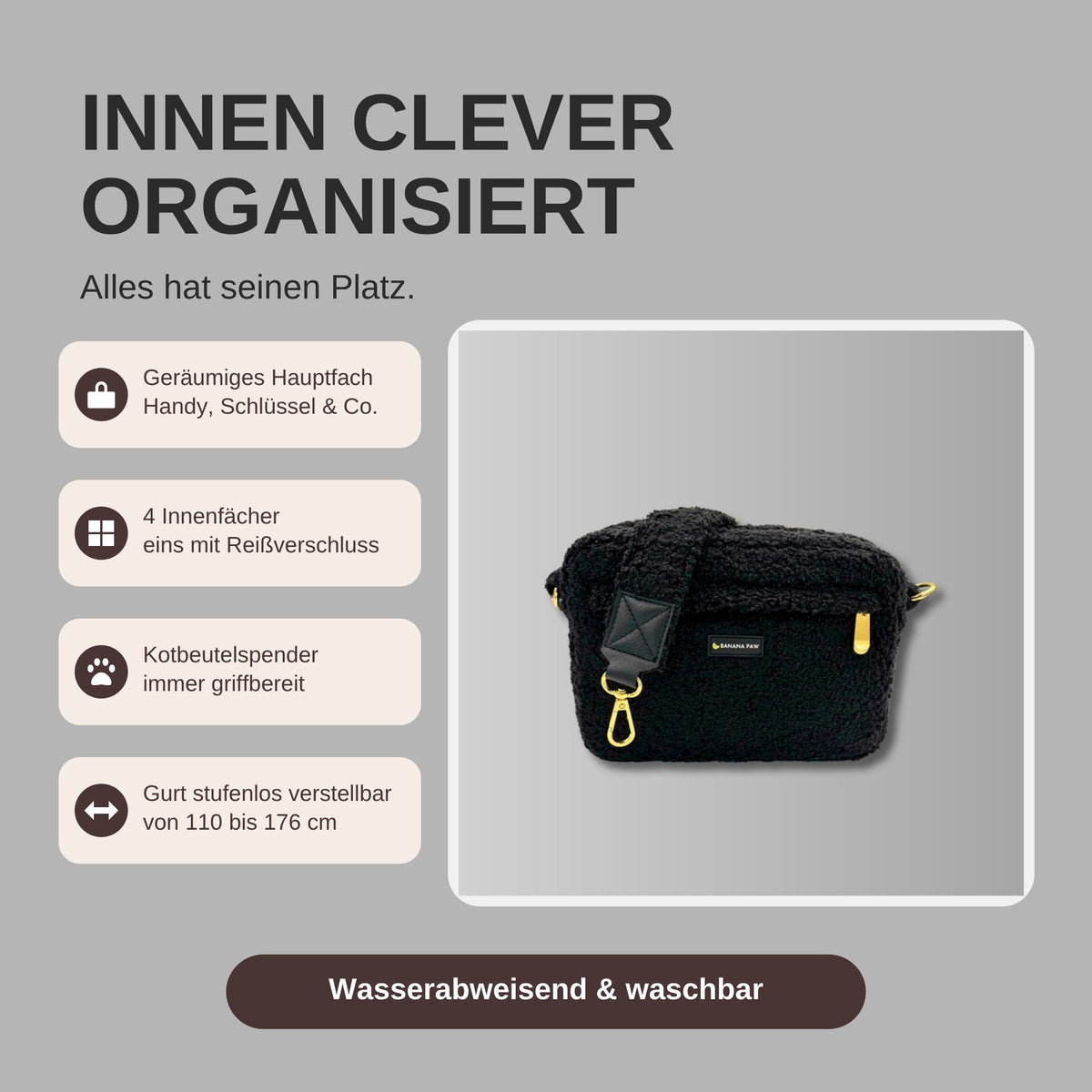 Gassitasche St. Tropez Teddy Obsidian Black: Hauptfach, Innenfächer und Kotbeutelspender im Überblick